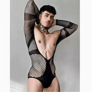 Men's Black Fishnet Bodysuit